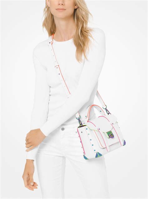 michael kors leather satchel fifth off saks|Michael Kors white manhattan bag.